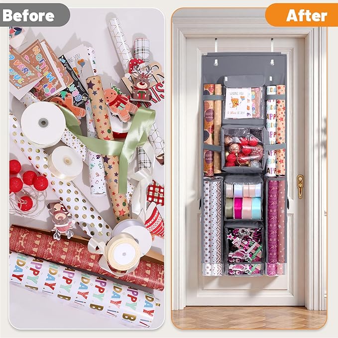 Hanging Gift Wrapping Paper Storage, 40x16 inch Double-Sided Gift Wrap Organizer Christmas Wrapper Paper Container, Heavy Duty Oxford Bag Gift Holder