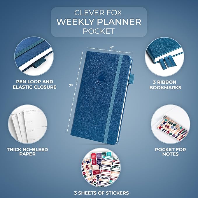 Clever Fox Pocket Planner Weekly – Undated Monthly Goal Planner and Calendar, Mini Planner Perfect for Purse, 3.7x6.7" (Mystic Blue)