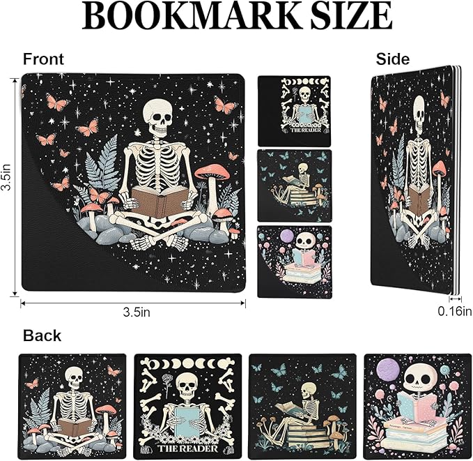 Skeleton Leather Bookmarks 4 Pieces, Funny Book Accessories for Reading Lovers, Corner Page Markers for Women Men Kids Students Teachers Retirement Birthday Gift (Skull Reading)