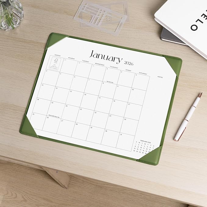 Simplified Desk Calendar 2026-2027 with Desktop Mat, Cabbrix Medium Desk Pad Calendar 15" x 12" Runs From January 2026 to June 2027, Desk Blotter Calendar for Home School and Office (Green)