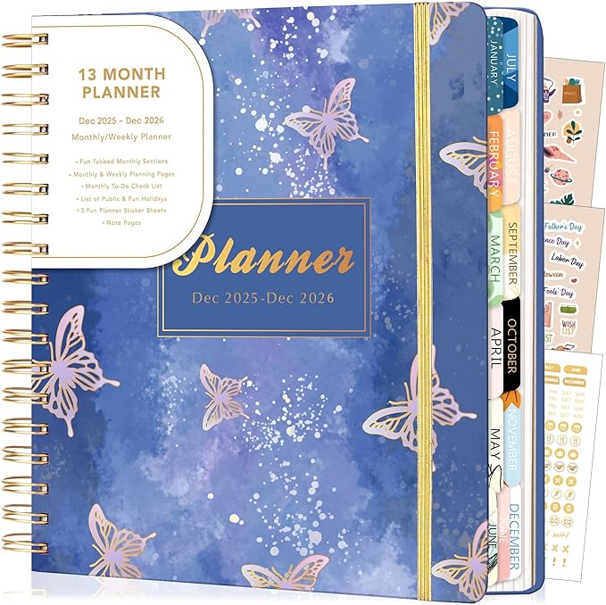 CAGIE 2026 Planner Weekly and Monthly from Dec 2025 to Dec 2026 Hardcover Spiral Bound Calendar Yearly Agenda Planners for Women with Stickers, 8.3 x 9.1, Purple Butterfly