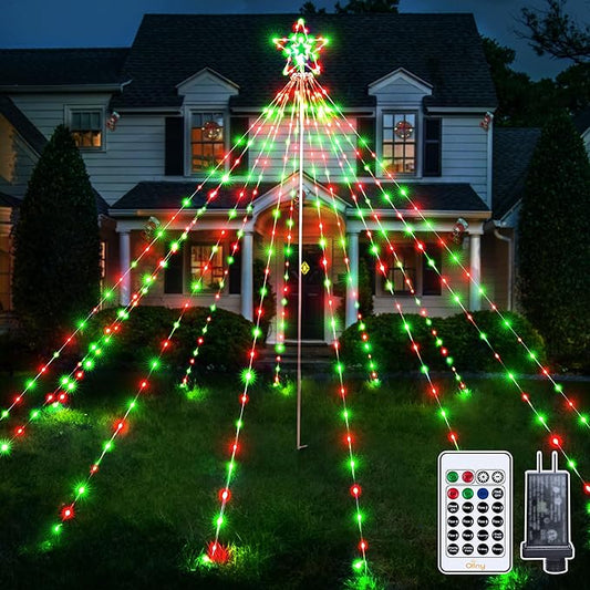 Ollny Christmas Lights Tree Red&Green 340LED with Topper Star, IP67 Waterproof Remote Control Waterfall Lights with Pole, 16 Lighting Modes Timer Dimmable Light Decorations Outdoor Yard Garden Lawn