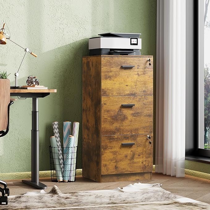 DEVAISE 3 Drawer File Cabinet with Lock, Vertical Wood Filing Cabinet for Home Office, Printer Stand for Letter and A4 Size, Rustic Brown