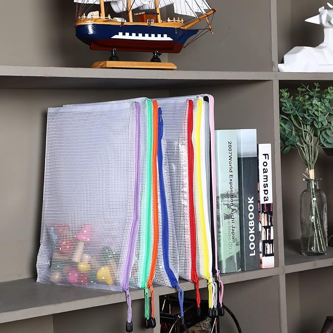 200 Pcs A4 Mesh Zipper Pouch Bulk Waterproof Mesh Zipper Organizer Plastic File Folder Case for School Office Supplies Document Board Games Puzzle(Multicolor)