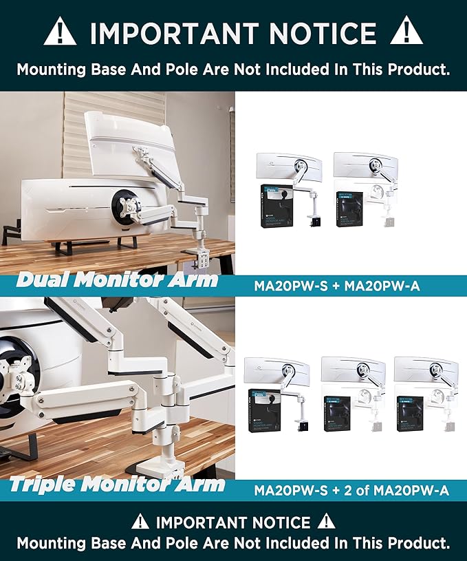 Heavy Duty Extension Arm [Accessory Only - Requires MA20PW-S Single Monitor Arm for Use] Dual 49" Vertical Stacked Monitor Mount Height Adjustable - 100x100 VESA Mount, White, MA20PW-A