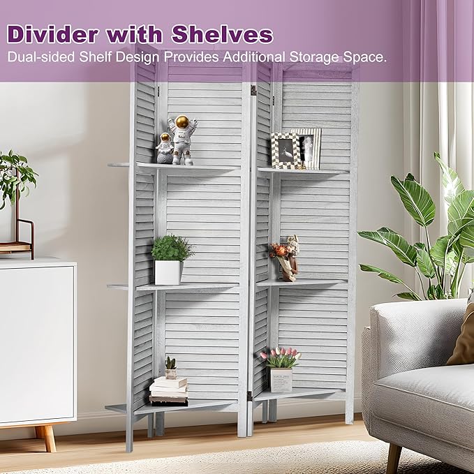 Room Divider with Shelves, 5.6FT Folding Room Divider Panel, 4 Panel Wood Partition Wall Divider for Room Separation, White