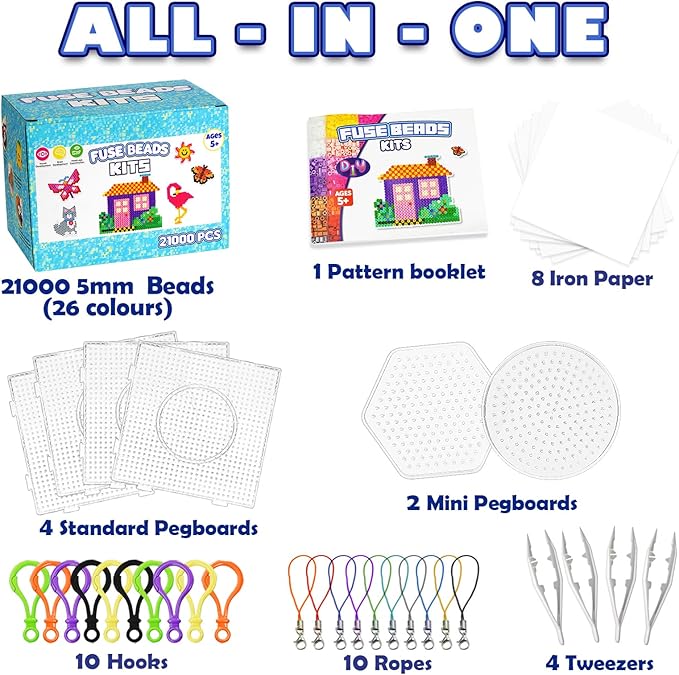 FUNZBO 21000 5mm Fuse Beads Kit - 26 Colors Individual Pack, Christmas Homeschool Arts and Crafts Supplies for Kids, Toys Set, Art Decorations for Room, Toys Gifts for Girls and Boys Age 5+