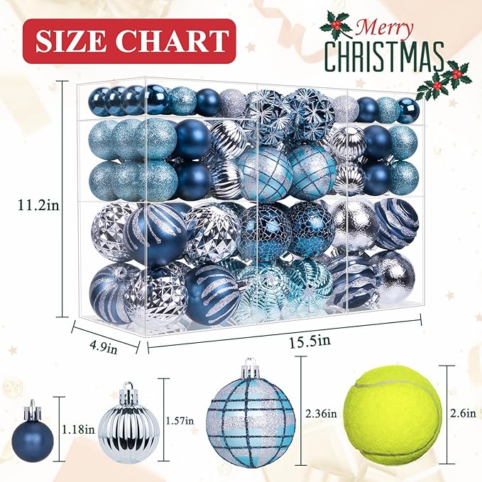 100ct Christmas Ball Ornaments Set, Blue and Silver Shatterproof Hand-Painted Hanging Baubles Decoration Bulk for Xmas Tree, Wreath, Garland, Home Holiday Decor