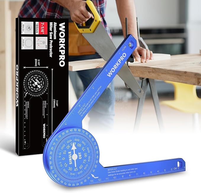 WORKPRO Aluminum Miter Saw Protractor, 7.3 Inch Angle Finder Featuring Precision Laser Engraved Scales for Inside and Outside Corner, Carpenters, Plumbers and All Building Trades, 360° Rotation, Blue