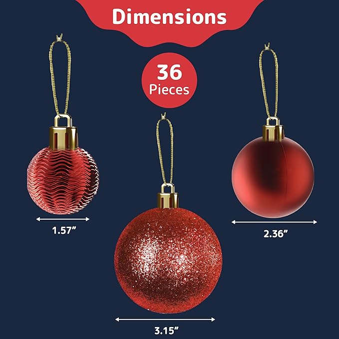 Prextex 36-Pieces Red Christmas Ornaments Set - Shatterproof, Festive Christmas Balls Decorations in 3 Sizes and 6 Styles with Hanging Loops for Tree, Wreath, and Dazzling Holiday Party Decor