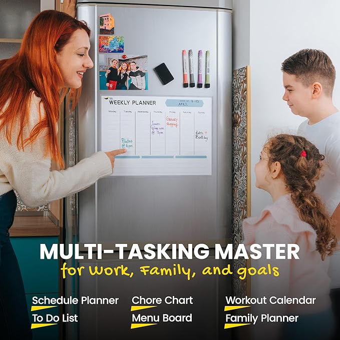 Magnetic Weekly Planner for Fridge – 17x12” Stain-Resistant Weekly Dry Erase Board with Nano Tech – Whiteboard Calendar for 2025 Schedules, Meals & Chores – Easy to Use with 4 Markers & Eraser