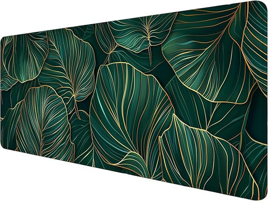 Green Leaves Desk Mat Gaming Mouse Pad Gold Tropical Palm Leaves Large Gaming Mouse Mat with Stitched Edges,Non-Slip Waterproof Rubber Base Mous Mat Office Computer Keyboard Laptop Home 31.5"x11.8"