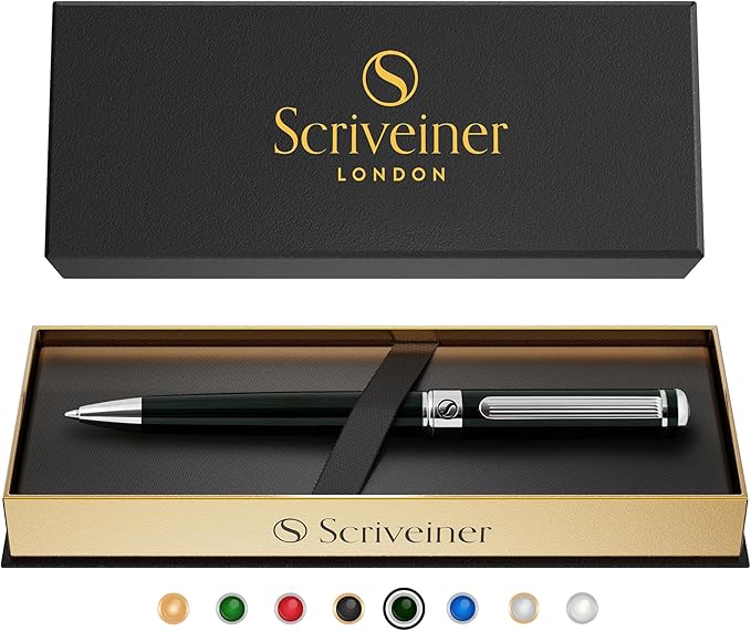 Scriveiner BlackGreen Ballpoint Pen - Black Green Luxury Pen, Chrome Finish, Schmidt Black Refill, Best Ball Pen Gift Set for Men & Women, Professional Executive Office, Nice Designer Pen
