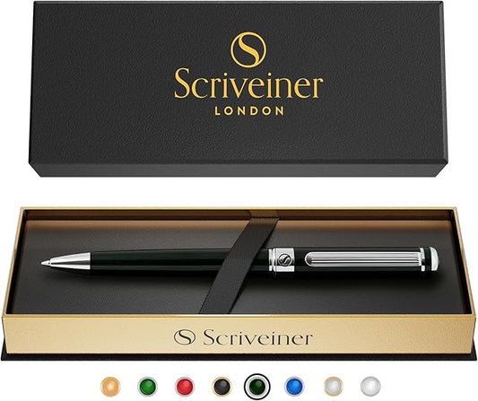 Scriveiner BlackGreen Ballpoint Pen - Black Green Luxury Pen, Chrome Finish, Schmidt Black Refill, Best Ball Pen Gift Set for Men & Women, Professional Executive Office, Nice Designer Pen