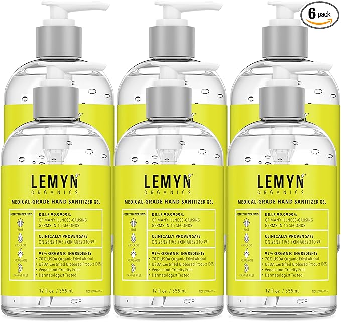 Medical‑Grade Hand Sanitizer Gel – 97 % Organic | 70 % USP Ethyl Alcohol | Moisturizing Aloe + Hyaluronic Acid | Freshly Made in USA | 12oz Bottle with Pump (PACK OF 6)