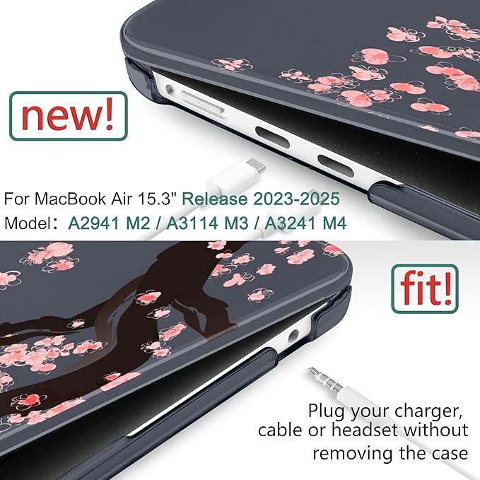DONGKE Compatible with M4 MacBook Air 15 inch Case 2025 2024 2023 A3241 A3114 A2941 M3 M2 Liquid Retina Display Touch ID, Plastic Hard Case & Keyboard Skin & Screen Protector - Cherry Blossoms