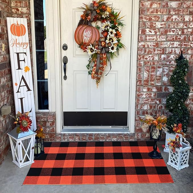 Buffalo Plaid Outdoor Rugs, 2'x4'3'' Orange and Black Checkered Indoor/Outdoor Area Rug, Layering Rug for Hello/Welcome Door Mat, Washable Cotton Woven Farmhouse Mat for Fall Front Porch Décor