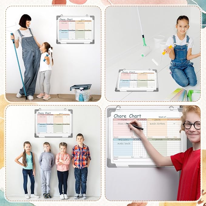 Lincia Magnetic Dry Erase Chore Chart Board for Multiple Kids Teens Adults 12"x16" Double Side Family 2 in 1 Combo Chore Board Weekly Calendar for Wall Aluminum Frame 8 Markers 1 Eraser