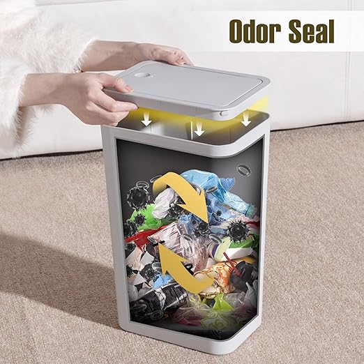 TrashAid Bathroom Trash Can with Lid, 2.6 Gallon / 10 Liter Small Garbage Can with Press Top Lid, Plastic Wastebasket with Pop-up Lids for Toilet, Office, Bedroom, Living Room, Grey