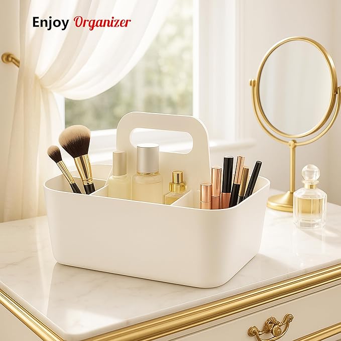 2 Pack Small 6 Compartment Multiuse Caddy Organizer with Handle Art Craft Supplies, Office, Desk, Stationery Pen Holder Stackable- Made In USA (Black/Ivory)