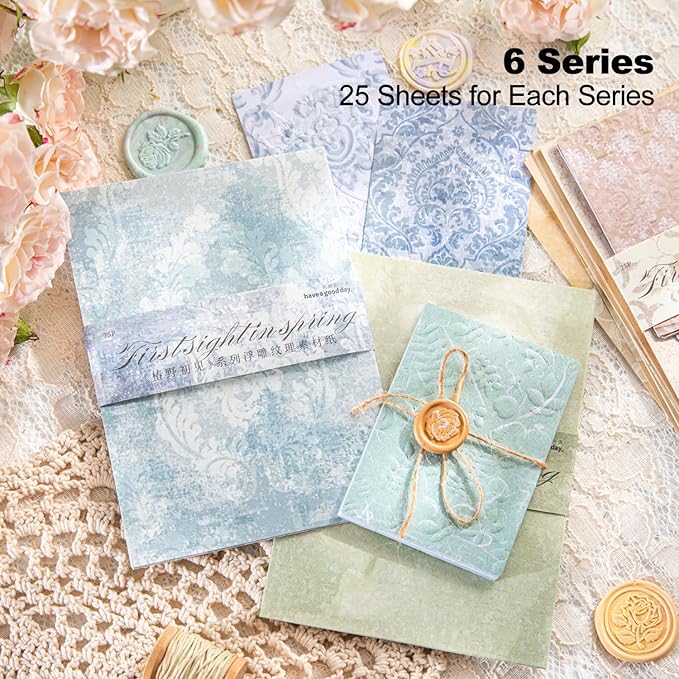 Vintage Floral Scrapbook Paper Set, 150 PCS Textured Craft Paper Kit with Glue Tape for Journaling, Scrapbooking, DIY Crafts, and Art Supplies
