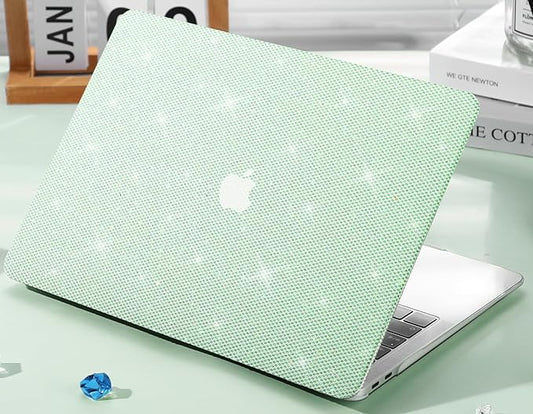 KEROM Glitter Case for MacBook Air 13 inch 2025-2022 M4 M3 M2 A3240 A3113 A2681, Luxury Bedazzled Shiny Bling Sparkle Textured PU Leather Hard Shell & Keyboard Cover for Mac Air 13.6 inch Case, Green