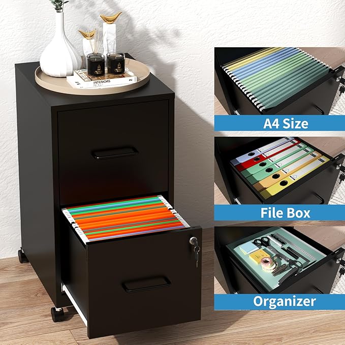 2 Drawer File Cabinet with Lock,Small Rolling Metal Office Storage Mobile Filing Cabinet with Wheels Under Desk,Vertical Locking File Cabinets for Home Office,Required Assembly,White