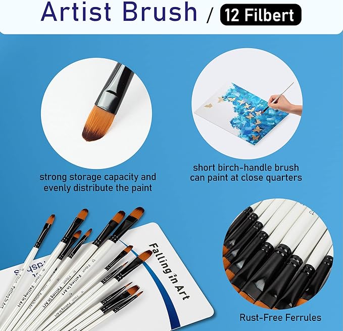 Falling in Art Paint Brushes Set, 12 PCS Nylon Professional Filbert Paint Brushes for Watercolor, Oil Painting, Acrylic, Face Body Nail Art, Crafts, Rock Painting