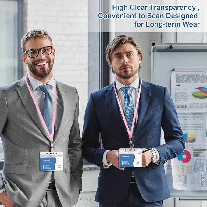 100 Pack Lanyards for ID Badges with Clear Name Tags, Reusable Lanyards Horizontal ID Card Badge Holders Plastic Name Badges for Men Women Kids Business School and Office Supplies (Pink)