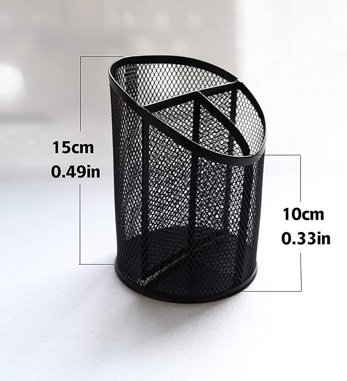 Fengtaiyuan T06, Black Metal Wire Mesh Pencil Holder, Desktop Organizer, Office Storage Box (Black-T06)