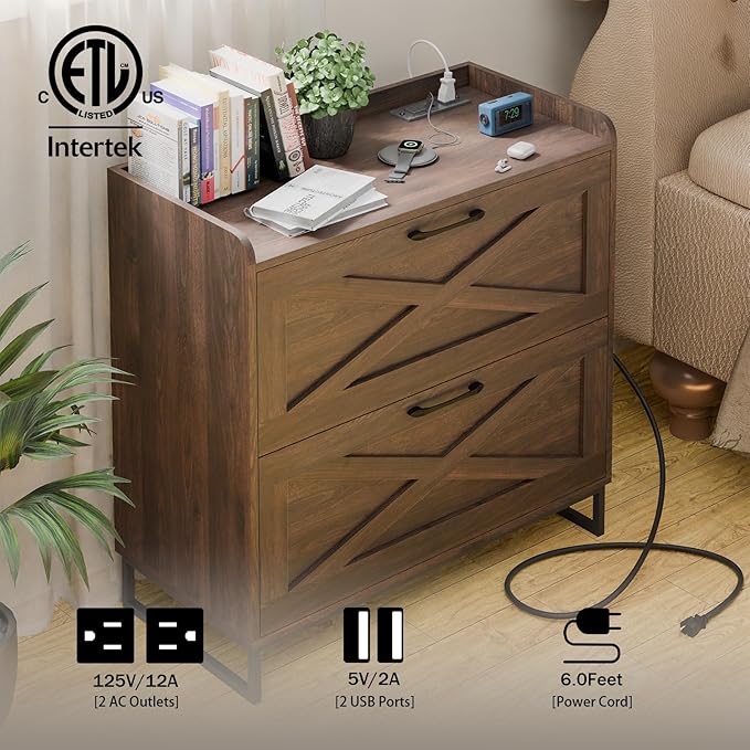 Lateral File Cabinet 2 Drawer File Cabinet with Charging Station, Modern Farmhouse Large Wood File Storage Cabinet for Home Office Furniture(Dark Walnut)