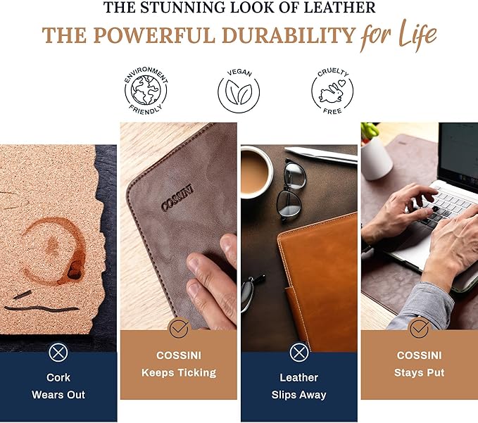 Cossini XL Desk Pad - Large Vegan Leather Desk Mat (17 x 36) - Buttery Smooth Writing, Damage Blocking, Non-Slip, Waterproof - Home Office Computer Desk Protector Blotter Laptop Keyboard Mouse Pad