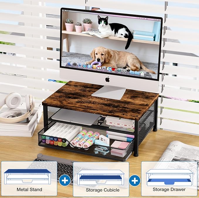 OPNICE Computer Monitor Stand Riser, Desk Organizers and Accessories with Drawer, Laptop Stand, Office Desk Accessories & Workspace Desktop Organizers Storage for Office Supplies(Brown)