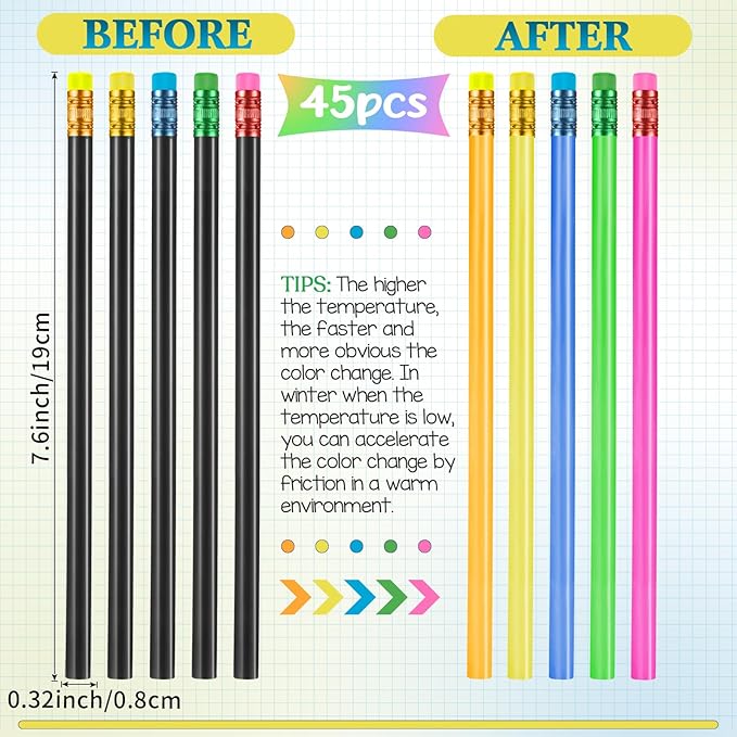 Outus 45 Pieces Color Changing Mood Pencil Bulk with Eraser 2B Wooden Heat Activated Fun Pencils Assorted Colors Thermochromic Pens Gifts for Prizes Birthday Gift Party Favors