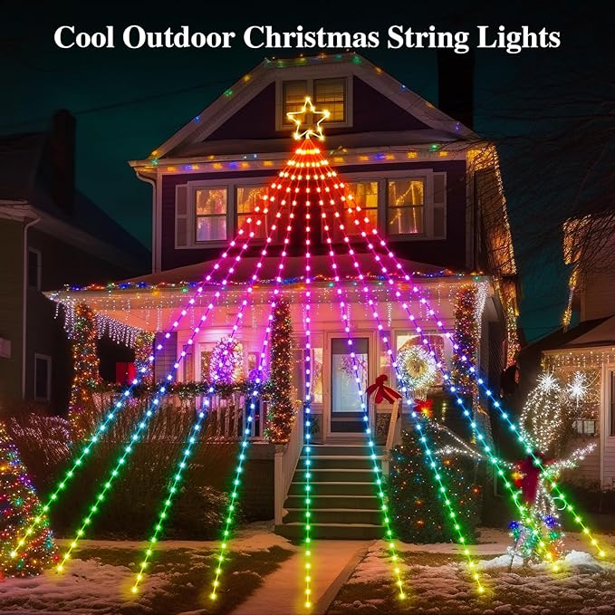 16.4 FT Christmas Decorations Outdoor Star String Lights,Smart APP Remote Control RGB Color Changing DIY 317 LED Waterfall Lights for Garden Yard Outdoor Xmas Decorations