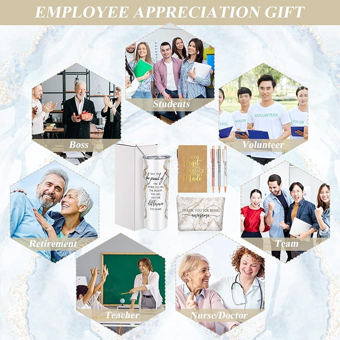 Domensi 6 Pcs Employee Appreciation Gift Set for Women Female Thank You Gift May You Be Proud 20 oz Rustic Marble Sign Tumbler Makeup Bag Journal for Teacher Nurse Lady Work Business(White)