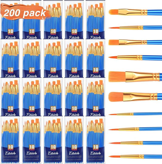 ESRICH Acrylic Paint Brushes Set, 20 Packs / 200 Pcs Nylon Hair Paint Brushes,Paint Brush Set Suitable for Oil,Watercolor,Rock Body Face Art, Kids Adult Perfect Art Painting Craft Paint Brush Kits.