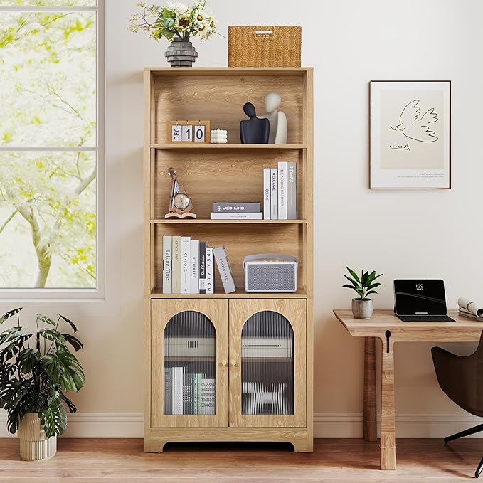 RARZOE 71" Tall Bookshelf and Bookcase, 5-Tier Arched Bookshelf with Glass Doors, Floor Standing 5 Shelf Book case, Wood Display Cabinet Storage Organizer for Living Room, Bedroom, Office(Natural)