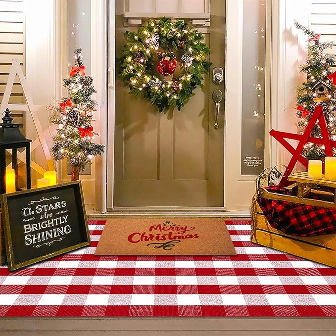 Christmas Red and White Plaid Rug, 4' x 6' Cotton Hand-Woven Layered Door Mat for Front Porch, Entryway, Outdoor Holiday Decor, Washable Buffalo Check Rug for Home, Patio, Kitchen
