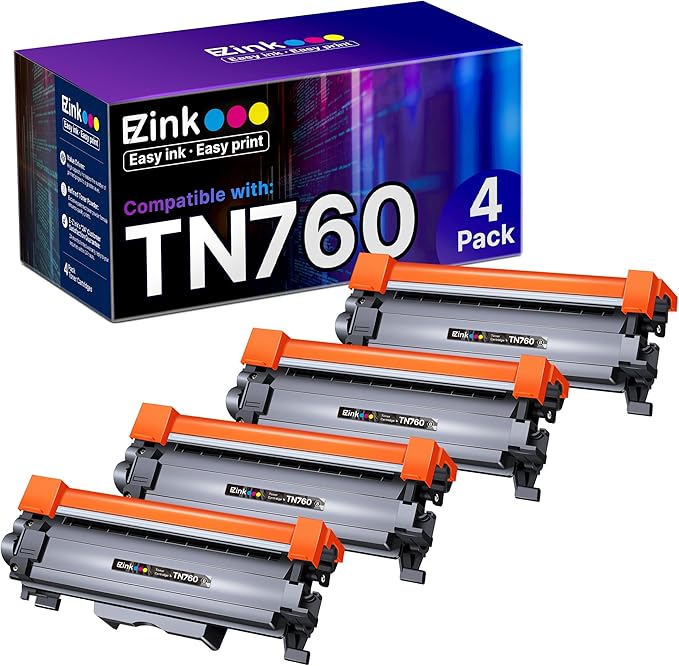 E-Z Ink Compatible TN760 Toner Cartridges Replacement for Brother TN-760 TN730 TN-730 to Use with HL-L2350DW HL-L2395DW HL-L2390DW HL-L2370DW MFC-L2750DW MFC-L2710DW DCP-L2550DW (Black, 4 Pack)