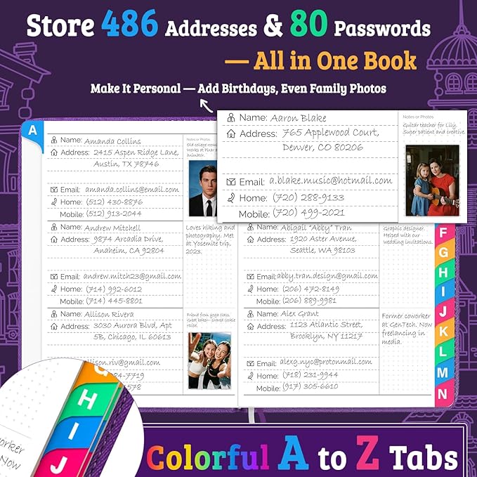Address Book with Colorful Alphabetical Tabs (4.7" X 6.2") – Telephone Address Contact Book for Seniors, Address Book with Space for Website Address and Internet Passwords (Royal Purple)
