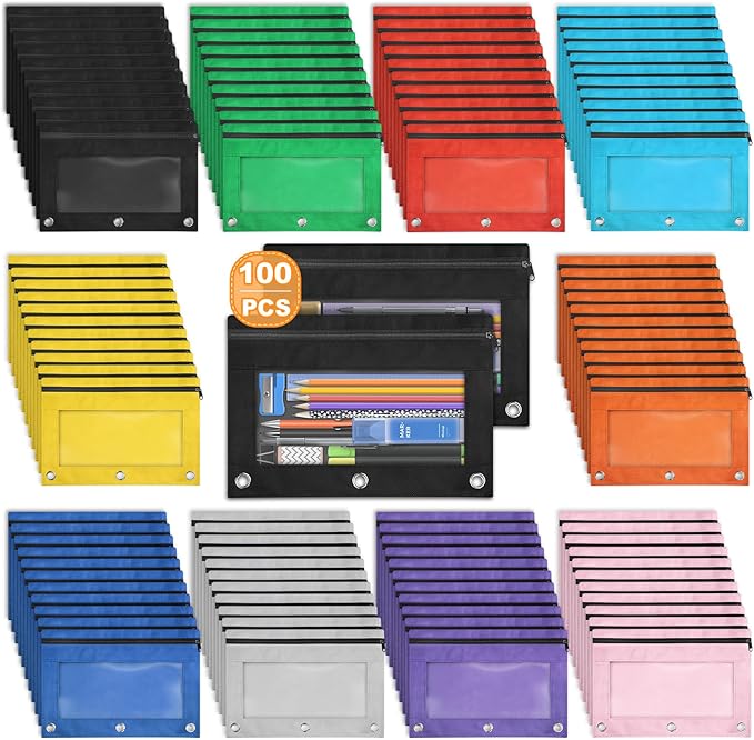 Shemira Pencil Pouch for 3 Ring Binder - 100 Pack in 10 Colors, Smooth Zipper, Clear Window Case - Bulk Pouches