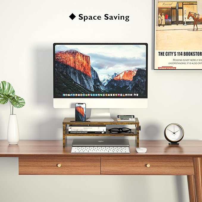 BONTEC Wooden Monitor Stand Riser, 2-Tier Desk Shelf with Storage Organizer, Ergonomic Computer Stand with Cable Management, Cellphone Holder, Vintage Brown, 16.5 Inch