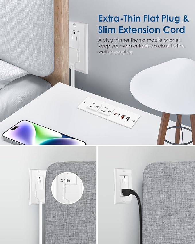 Recessed Power Strip Socket, Furniture Flush Mount Charging Station, Desk Power Strip with Outlets,USB Ports,Desk Outlet for Side Table or End Table (White, 45W USB-C Ports)