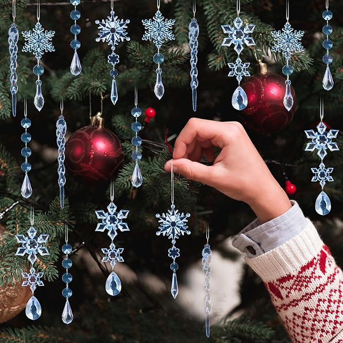 18pcs Crystal Christmas Ornaments for Christmas Tree Decorations-Blue Hanging Acrylic Snowflake and Icicle Ornaments with Drop Pendants for New Year Party Decorations Supplies