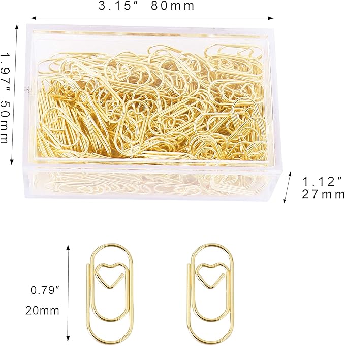 200 Pcs Small Gold Paper Clips Love Heart Shaped Paperclips Stainless Steel in Tinplate Paper Clips Holder for Office School Home Desk Organizers
