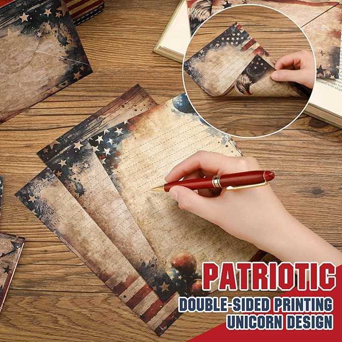 TaoBary 160 Pcs Stationery Paper Set 50 Double Sided Stationery Papers with 50 Matching Envelopes and 60 Round Dot Sticker, 10 Design(Retro Independence Day,5.5 x 8.25 Inch)