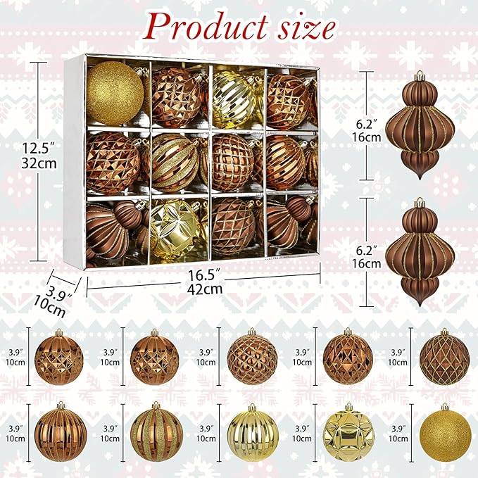 4" Christmas Ball Ornaments Set 12PCS Large Shatterproof Plastic Ornaments Christmas Tree Ball Hanging Ornaments for Xmas Tree Wedding Party Holiday Decorations - Bronze, Gold