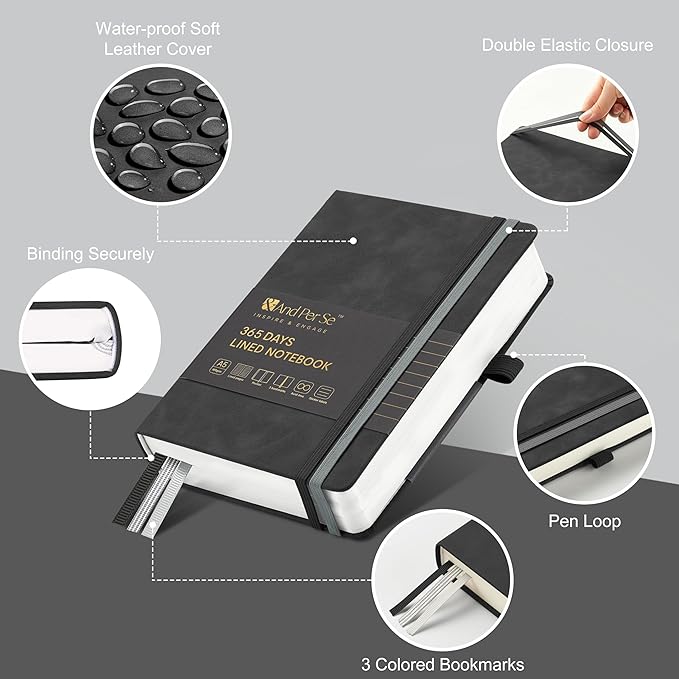 &And Per Se Lined Journal Notebook, 365 Pages, A5, 5.7'' x 8'' 100GSM Thick Paper, Journals for Writing, Hardcover Notebooks for Women Men (Black)