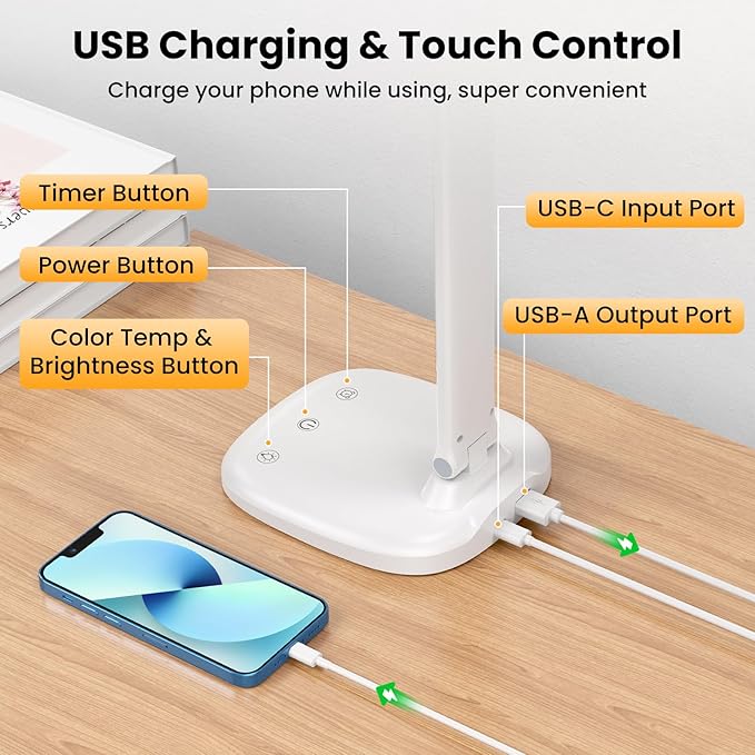 LED Desk Lamp with USB Charging Port, Stepless Dimmable Study Lamp with 5 Color Modes, Touch Control, Timer, Foldable Desk Lights for Home, Office, Bedroom